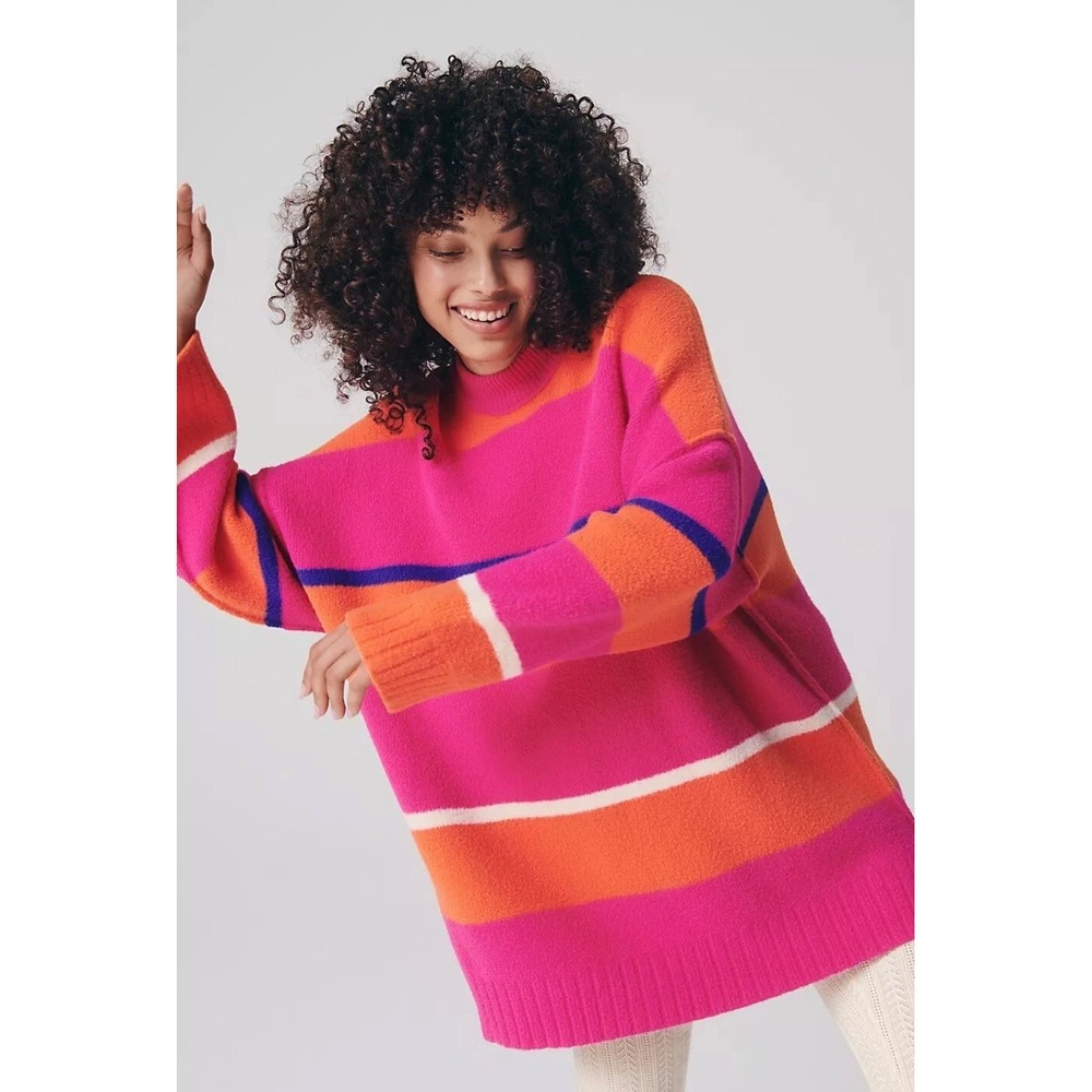 Free People Peaches Stripe Tunic Medium Pink Orange Oversized‎ Slouchy Sweater